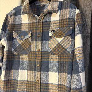Plaid Flannel Button-Up Shirt in Blue, Mustard & Cream